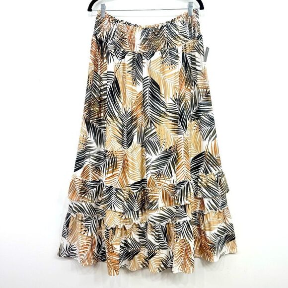 Robert Louis White Brown Tropical Palm Leaf Print Iered Ruffle Maxi Skirt NEW - Picture 2 of 13